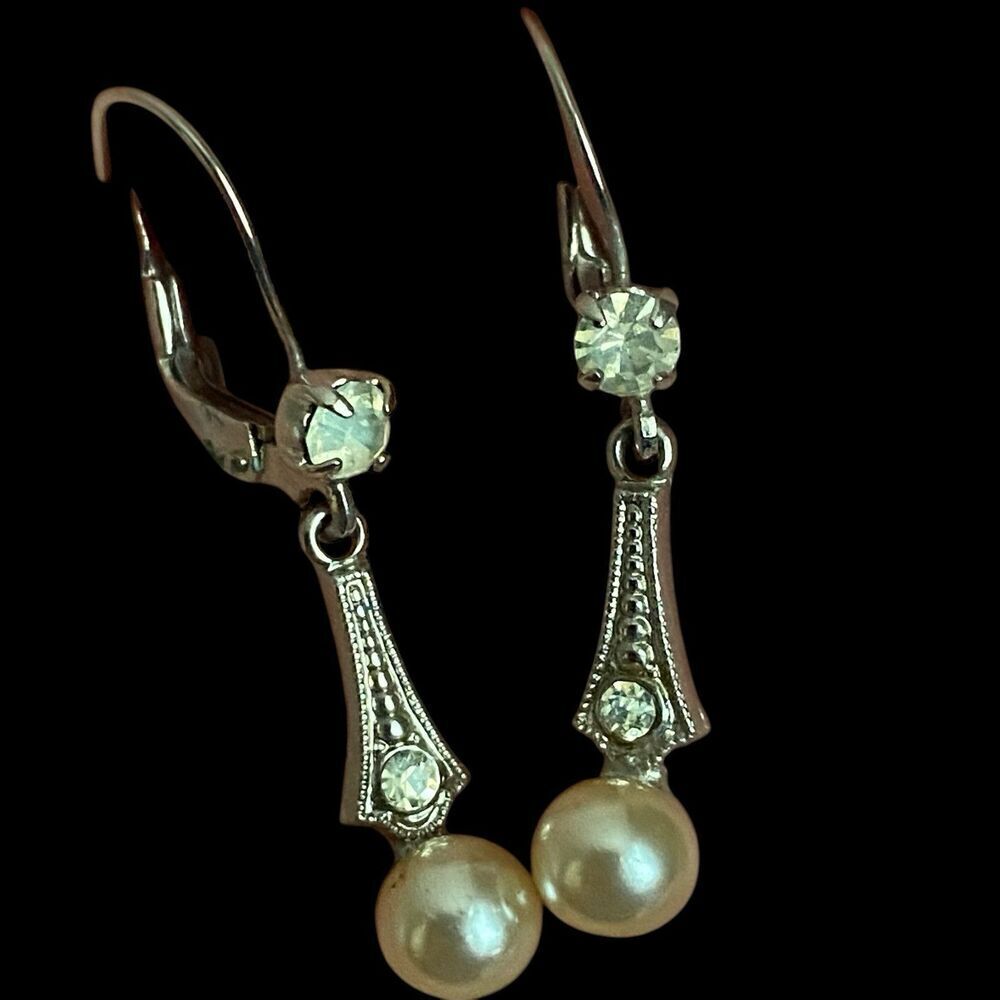 Vintage Earrings Germany Dangle Pierced Simulated Pearl Clear Rhinestones 1-1/4"